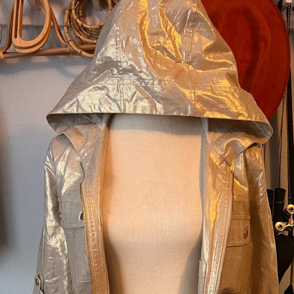 Linen-Cotton Gold Hooded Trench Coat with Adjustable Waist String